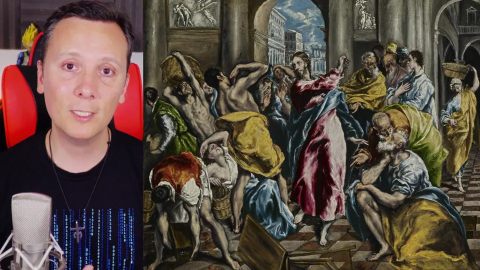 Daniel Pajuelo junto a una reproducción de La expulsión de los mercaderes del Templo, de El Greco.