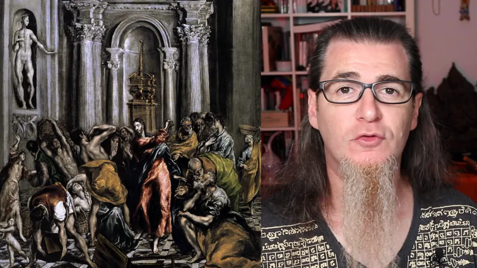Antonio García Villarán junto a la versión de La expulsión de los mercaderes del Templo de la iglesia de San Ginés de Madrid.