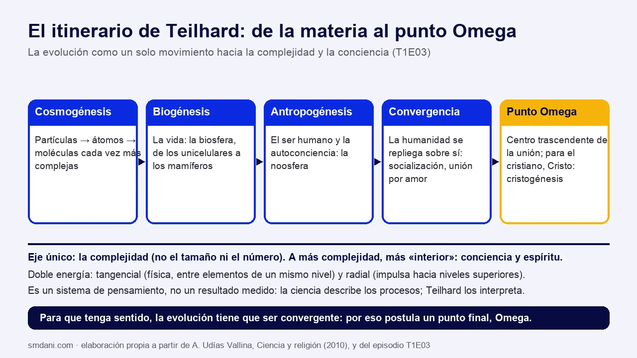 Esquema del itinerario de Teilhard en cinco etapas encadenadas: cosmogénesis (partículas, átomos, moléculas), biogénesis (la biosfera), antropogénesis (el ser humano y la noosfera), convergencia (socialización y unión por amor) y punto Omega (centro trascendente, para el cristiano Cristo); debajo, el eje de la complejidad, las energías tangencial y radial y la advertencia de que es un sistema de pensamiento, no un resultado medido