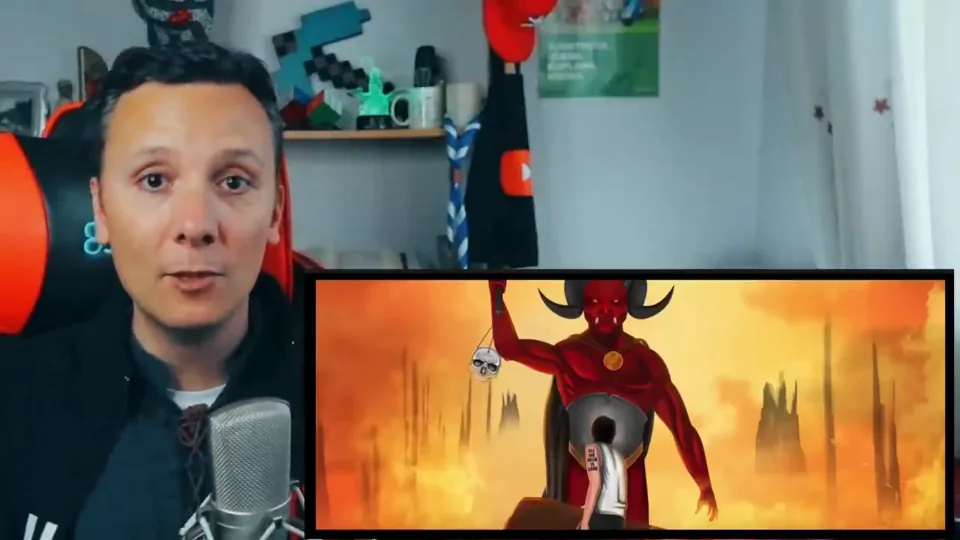 Daniel Pajuelo mirando a cámara junto a un recuadro del vídeo animado: un diablo rojo de pie en un paisaje anaranjado.